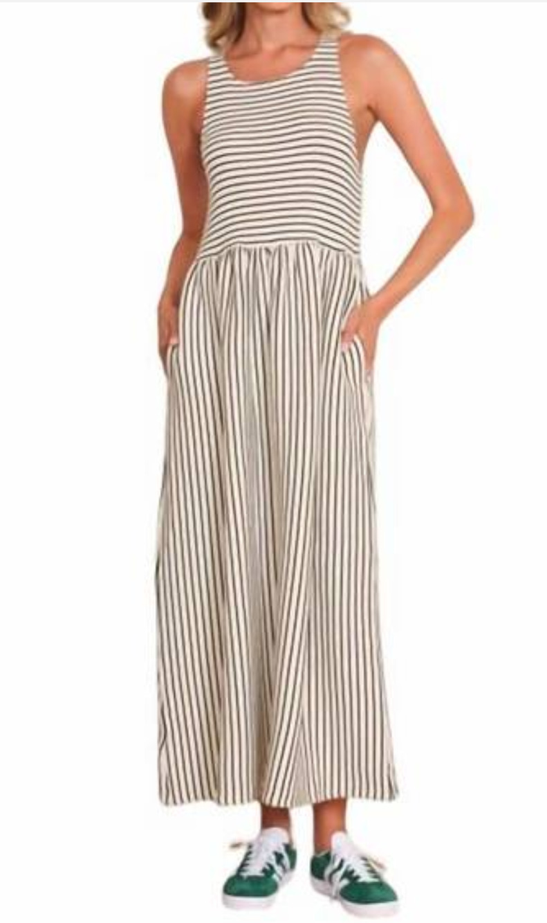 dRA Los Angeles Anzio ivory and black striped ribbed maxi dress Size Sm Coastal